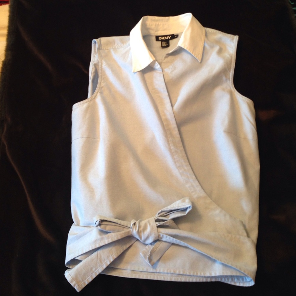 DKNY wrap dress shirt in light denim blue with white collar Size 14 100% cotton